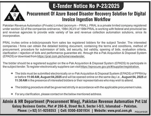 Pakistan Revenue Automation Private Limited Islamabad Tender Notice